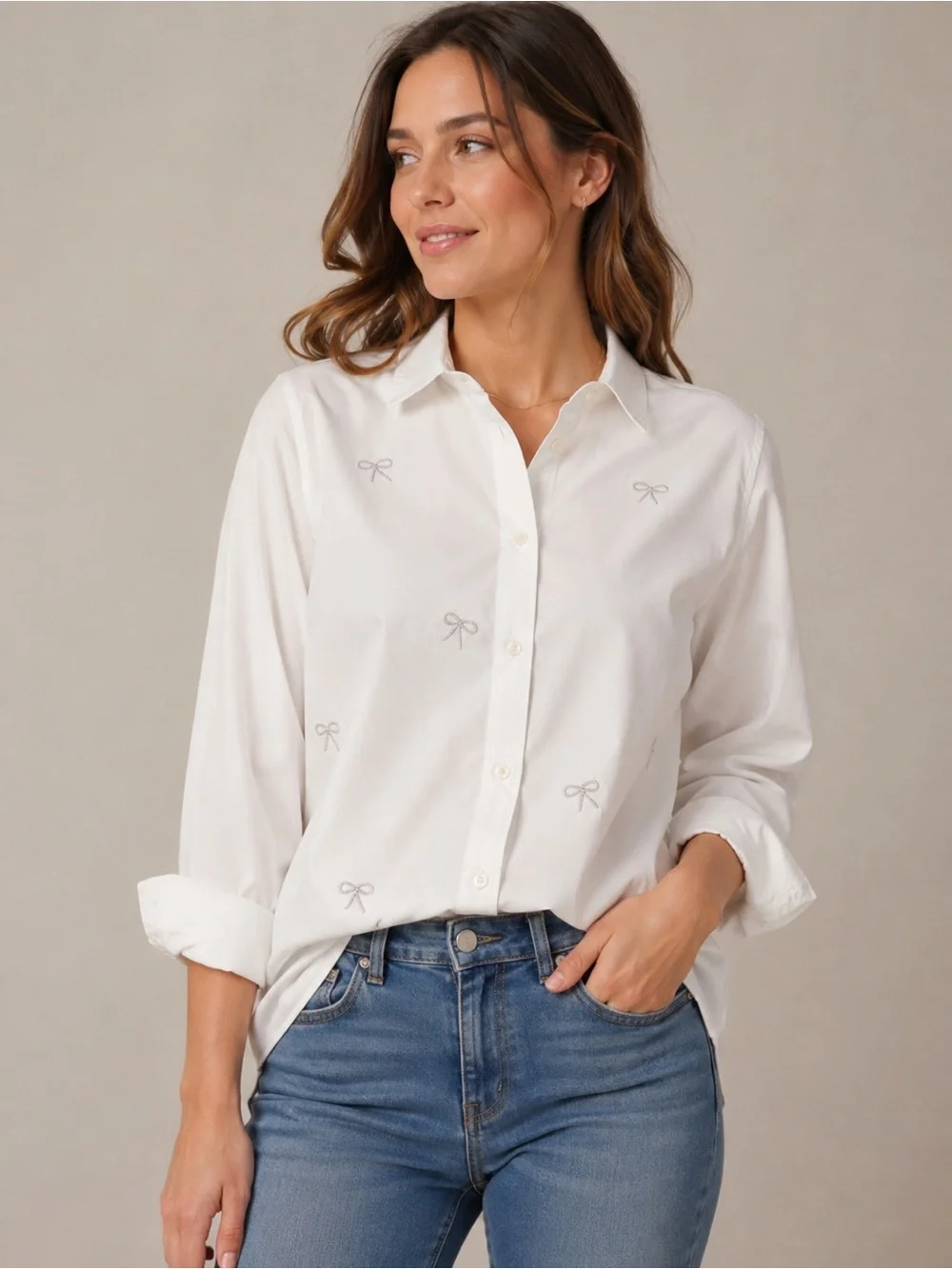J. CREW Jeweled Bow Button Up Shirt White Size L NEW